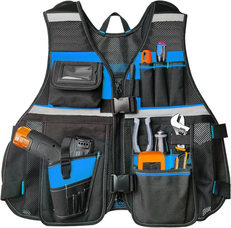 TooCust Tool Vest, Electrician Tool Vest with Drill Holster, 17 Compartments, Reflective Workwear with Tool Pockets, Adjustable Waist & Upgraded Comfortable Neck Opening (Blue) - Image 1